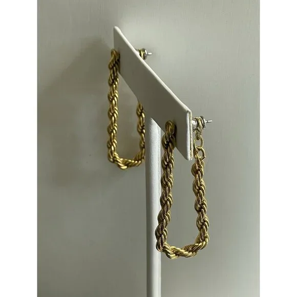 Vintage Signed NAPIER Rope HOOP Gold-tone Pierced Earrings - Picture 5 of 6